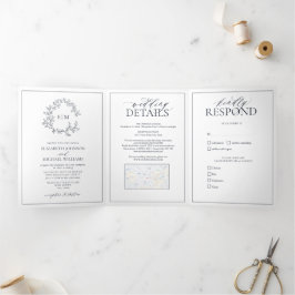 Hochzeit des Wappen Mongram Blue Leafy Dreifach Gefaltete Einladung