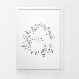 Hochzeit des Wappen Mongram Blue Leafy Dreifach Gefaltete Einladung