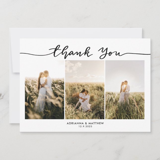 Hochzeit drei Fotos Elegant Vielen Dank, Script Dankeskarte (Vorderseite)