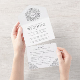 Hochzeit dunkelgrau weiß Monogramm Blätter All In One Einladung