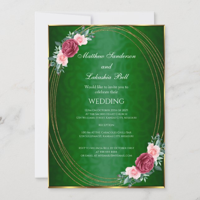 Hochzeit Dunkelgrüne goldrosa rote Blume Klassisch Einladung (Vorderseite)