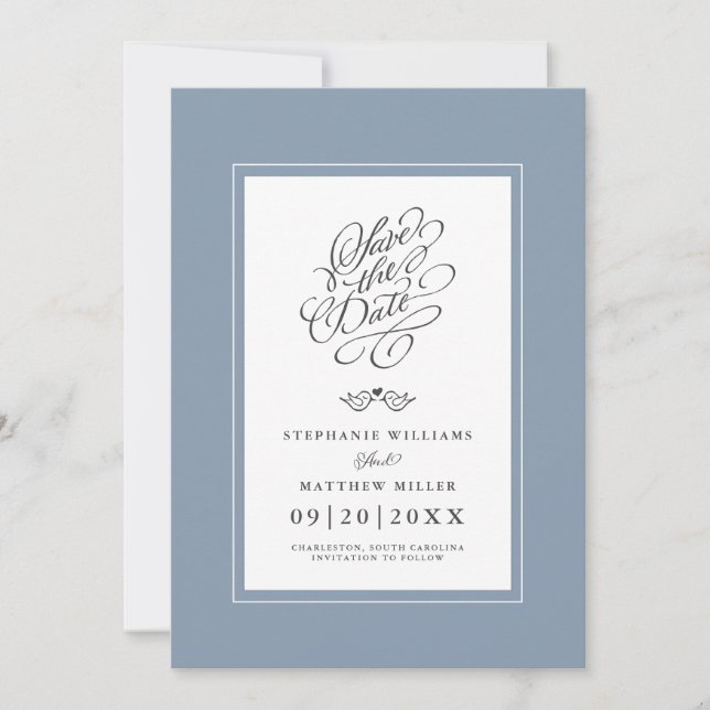 Hochzeit Dusty Blue Calligraphy Printable Digital Save The Date (Vorderseite)