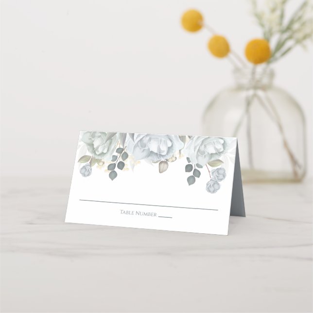 Hochzeit Dusty Blue Floral Eleganter Wasserfarben  Platzkarte (Vorderseite)