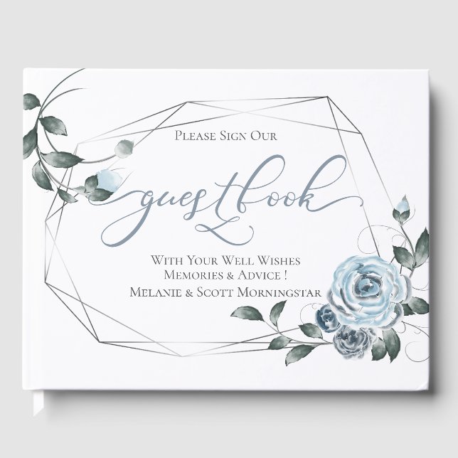 Hochzeit | Dusty Blue Floral SIlver Frame Gästebuch (Vorderseite)
