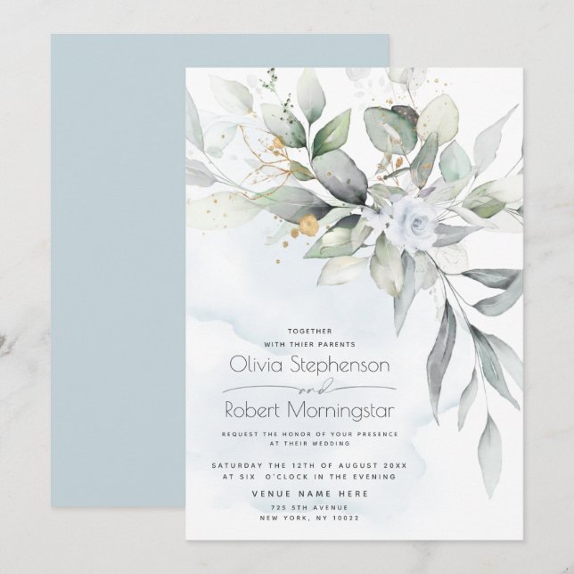 Hochzeit | Dusty Blue Rose Woodland Greenery Boho Einladung (Vorne/Hinten)