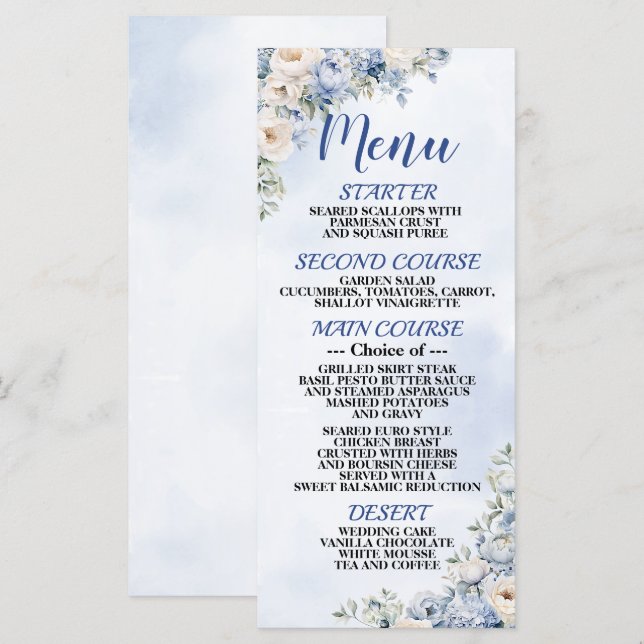 Hochzeit Dusty Blue Wasserfarbe Elfenbeinküste Blu Menükarte (Vorne/Hinten)