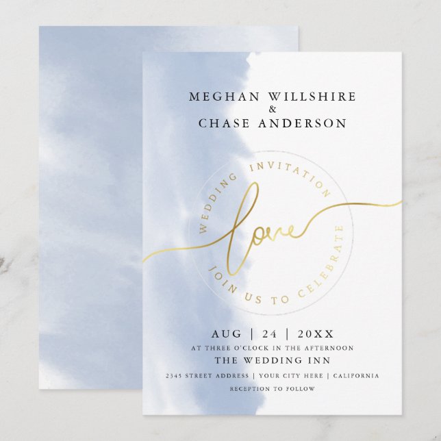 HOCHZEIT | Dusty Blue Watercolor Einladung (Vorne/Hinten)