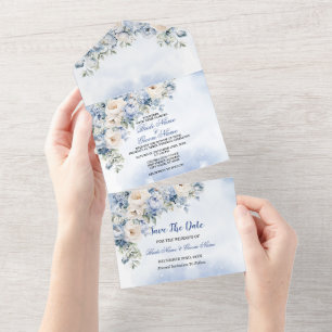 Hochzeit Dusty Blue Watercolor Elfenbeinfarbene Bl All In One Einladung