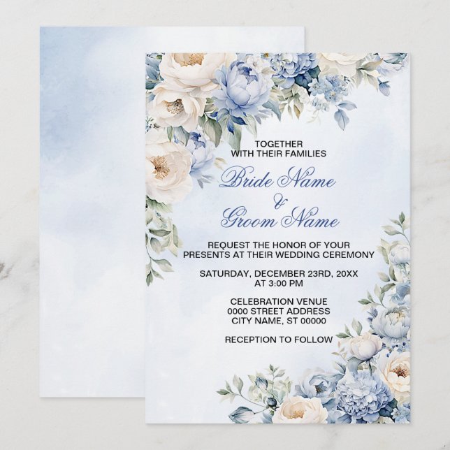 Hochzeit Dusty Blue Watercolor Elfenbeinfarbene Bl Einladung (Vorne/Hinten)