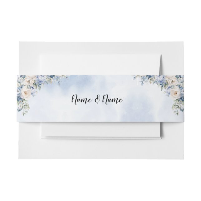 Hochzeit Dusty Blue Watercolor Elfenbeinfarbene Bl Einladungsbanderole (Vorderseite Beispiel)