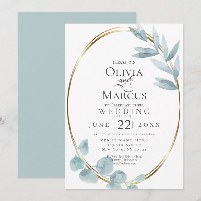 Hochzeit | Dusty Blue Watercolor Eukalyptus - Blät Einladung (Vorne/Hinten)