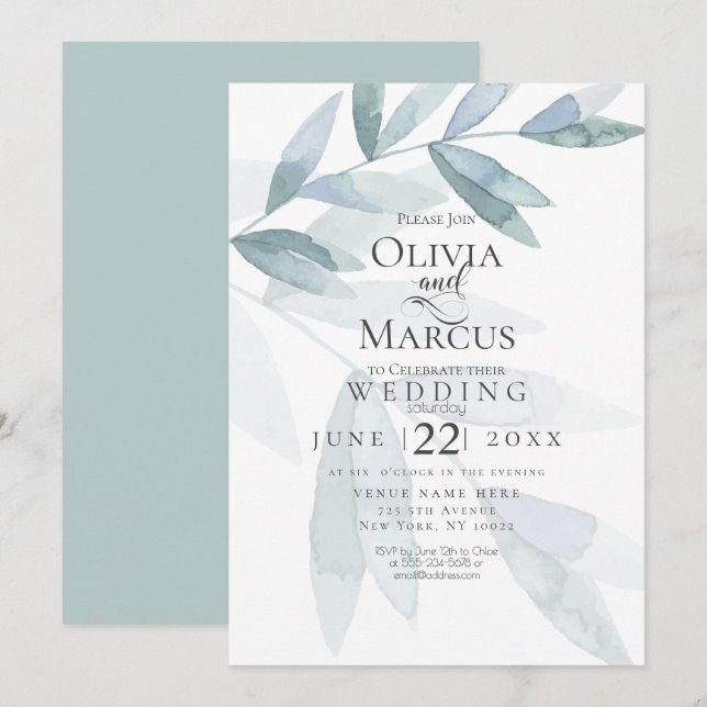 Hochzeit | Dusty Blue Watercolor Eukalyptus - Blät Einladung (Vorne/Hinten)