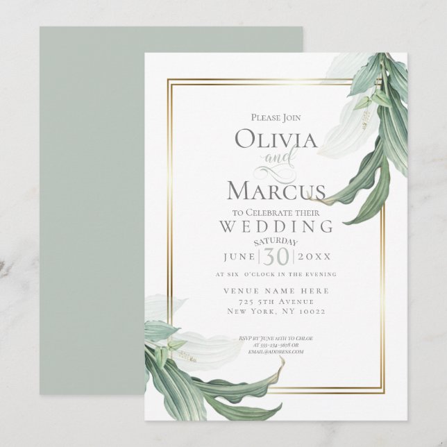 Hochzeit | Dusty Green Elegant Tropical Foliage Einladung (Vorne/Hinten)