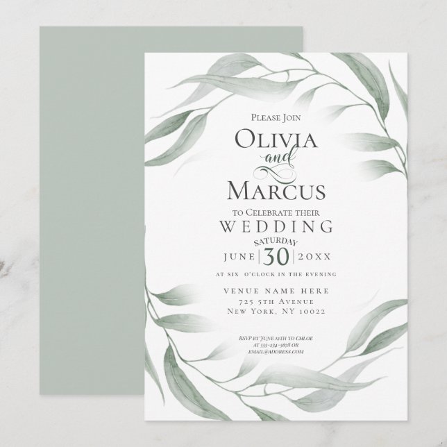 Hochzeit | Dusty Green Woodland Watercolor Foliage Einladung (Vorne/Hinten)