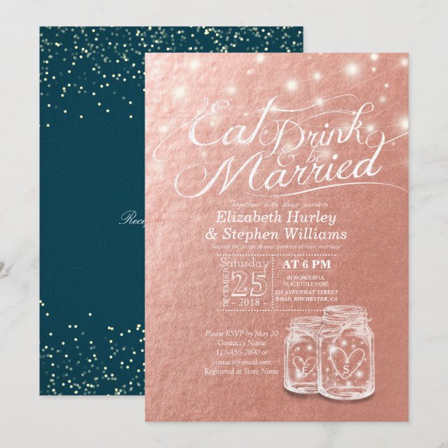 Hochzeit EAT Drink & Be Verheiratet Mason Jar Rose Einladung (Vorne/Hinten)