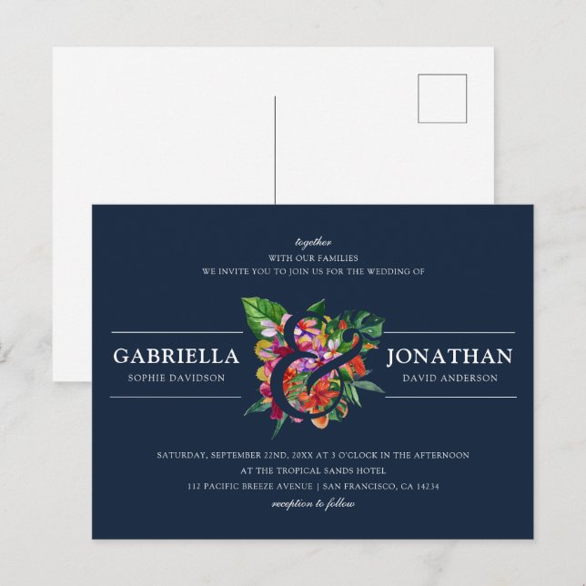 Hochzeit eines modernen tropischen Bouquet Einladungspostkarte (Vorne/Hinten)