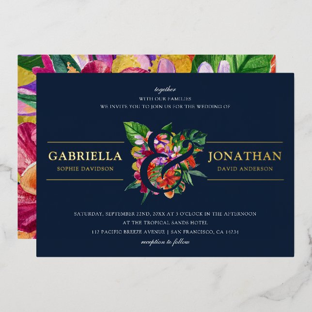 Hochzeit eines modernen tropischen Bouquet Folieneinladung (Vorderseite/Rückseite)