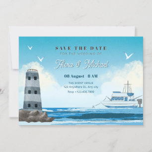 Hochzeit eines Schiffes mit blauem Wasser Save The Date