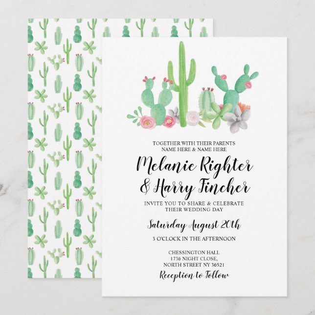 Hochzeit Einladender Cactus Watercolor Floral Einl Einladung (Vorne/Hinten)