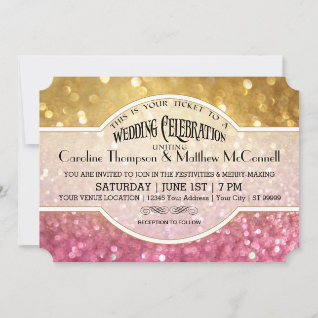 Hochzeit Einladung Bokeh Film Ticket Style Gold Ro (Vorderseite)