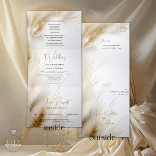Hochzeit   Elegant Boho Ivory und Gold Pampas Dreifach Gefaltete Einladung