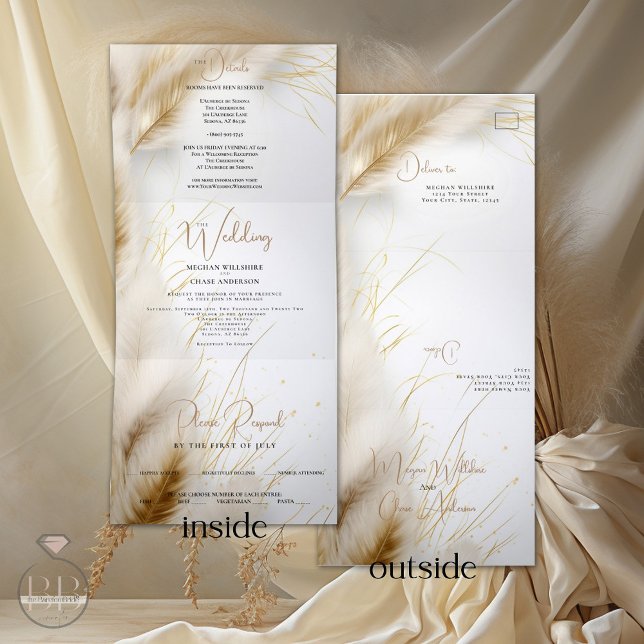 Hochzeit | Elegant Boho Ivory und Gold Pampas Dreifach Gefaltete Einladung (Von Creator hochgeladen)