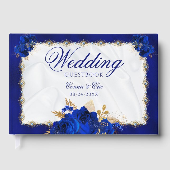 Hochzeit Elegant Floral Royal Blue White Gold Gästebuch (Vorderseite)