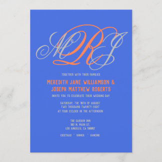 Hochzeit Elegant Monogram Royal Blue Gray Coral Einladung
