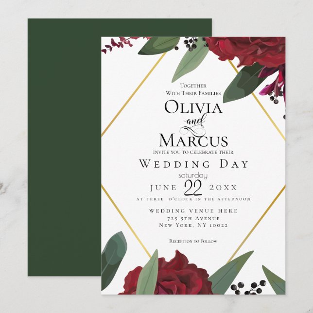 HOCHZEIT | Elegant Rich Burgundy Marsala Floral 3 Einladung (Vorne/Hinten)