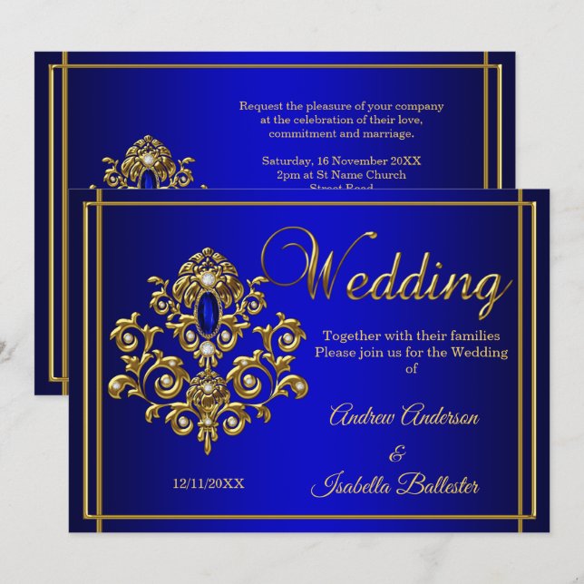 Hochzeit Elegant Royal Blue Gold Jewel Einladung (Vorne/Hinten)