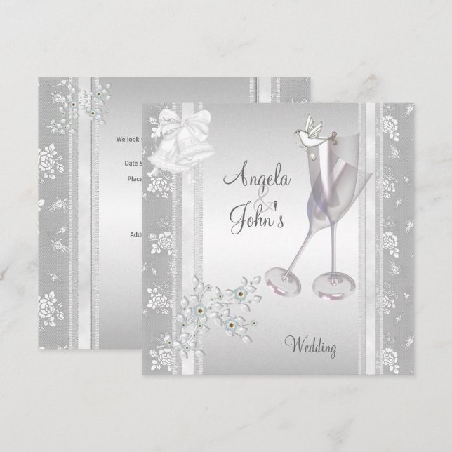 Hochzeit Elegant Silver Lace Floral Einladung (Vorne/Hinten)