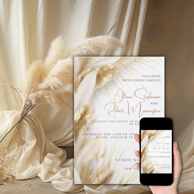 Hochzeit | Elegante Bohemische Goldpampas Einladung (Von Creator hochgeladen)
