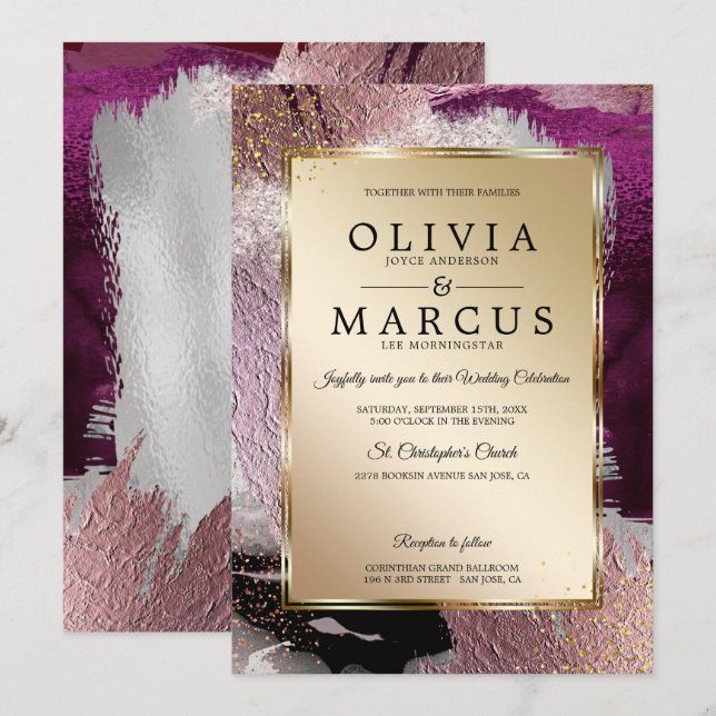 Hochzeit | Elegante Gold Cassis Plum Pinselstriche Einladung (Vorne/Hinten)