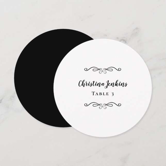 Hochzeit Elegante Schwarz-Weiß-Runde Platzkarte (Vorne/Hinten)