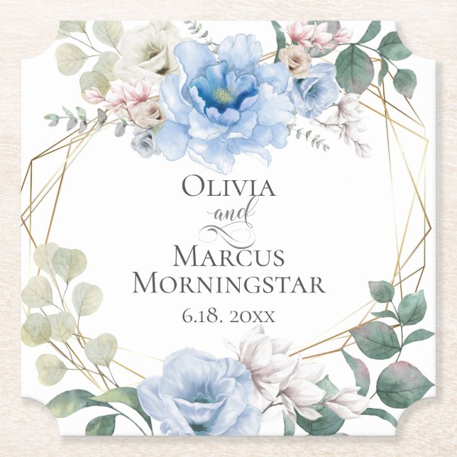 Hochzeit Elegante Sky Blue Peony Blume Untersetzer (Vorderseite)