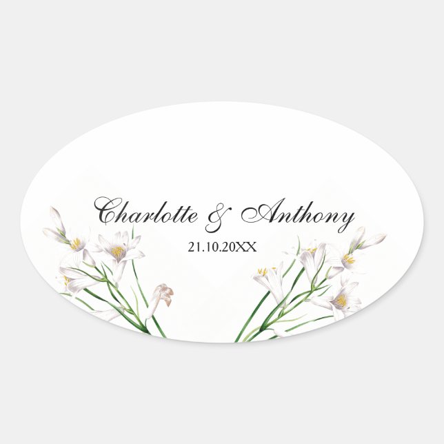 Hochzeit Eleganter Creative Floral White Chic Ovaler Aufkleber (Vorderseite)