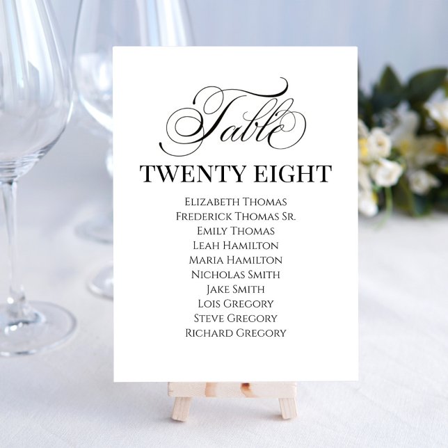 Hochzeit Eleganter Kalligrafie-Script-Tischnummer (Elegant calligraphy script table number card with simple black and white design. )