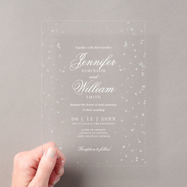 Hochzeit Eleganter Romantischer Script Silver Spec Acryleinladungen (Insitu (Handheld))