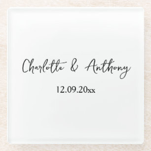 Hochzeit Eleganter Script kreativ Schwarz-weiß Glasuntersetzer
