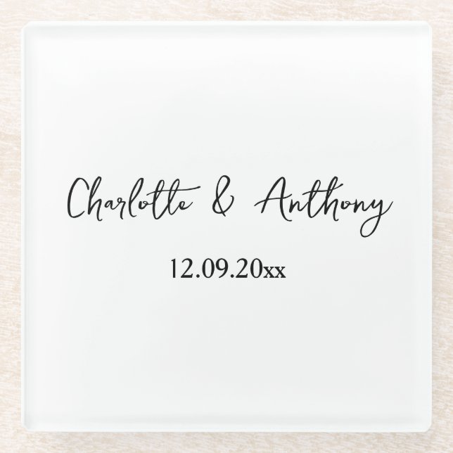 Hochzeit Eleganter Script kreativ Schwarz-weiß Glasuntersetzer (Vorderseite)