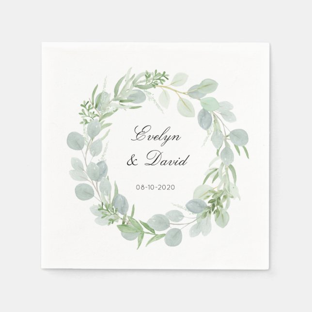 Hochzeit Eleganter Wasserfarbname und Datum Napkin Serviette (Vorderseite)