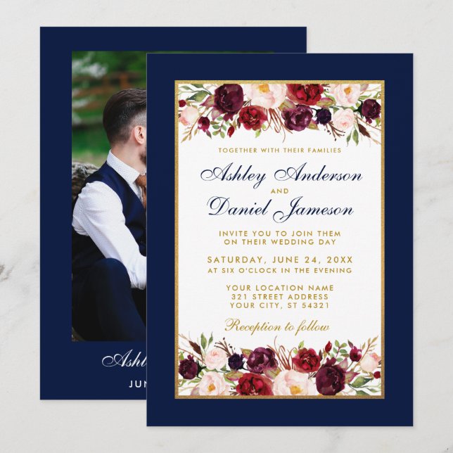 Hochzeit Elegantes Burgundy Floral Gold Blue Foto Einladung (Vorne/Hinten)