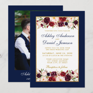 Hochzeit Elegantes Burgundy Floral Gold Blue Foto Einladung