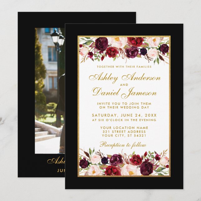 Hochzeit Elegantes Burgundy Schwarzes Foto Einladung (Vorne/Hinten)