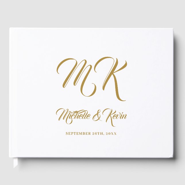 Hochzeit Elegantes klassisches Gold Script & White Gästebuch (Vorderseite)