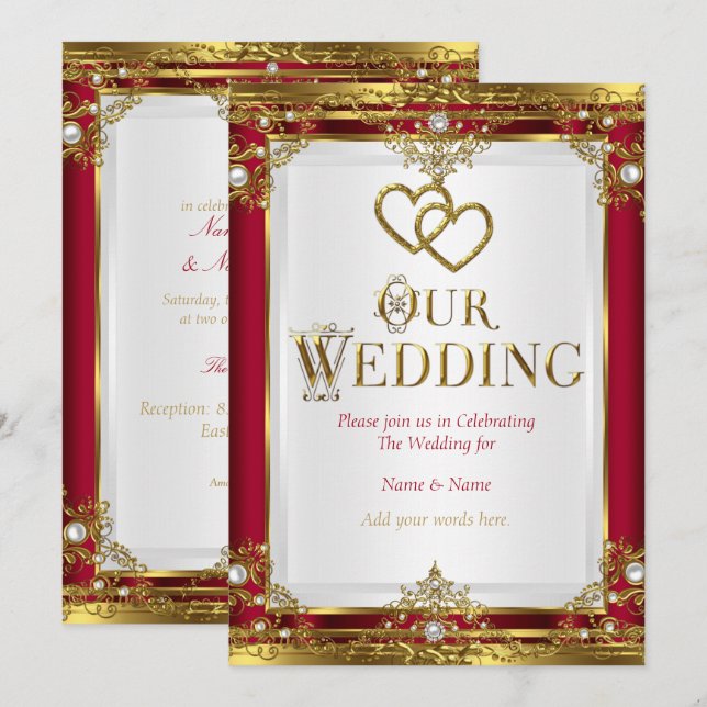Hochzeit Elegantes Rotes Gold Golden Golden Golden Einladung (Vorne/Hinten)