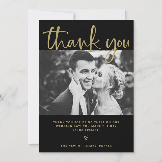 Hochzeit| Elegantes Schwarz und Gold mit Fotos Dankeskarte (Vorderseite)