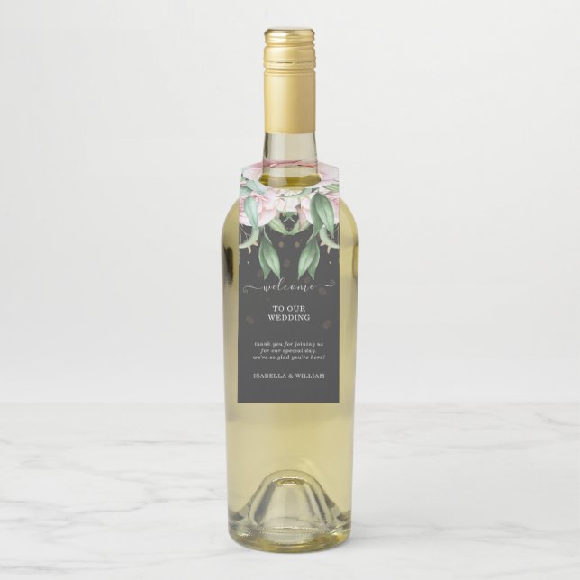 Hochzeit floraler Luxus Schwarz und Rosa Flaschenanhänger (Auf Flasche)