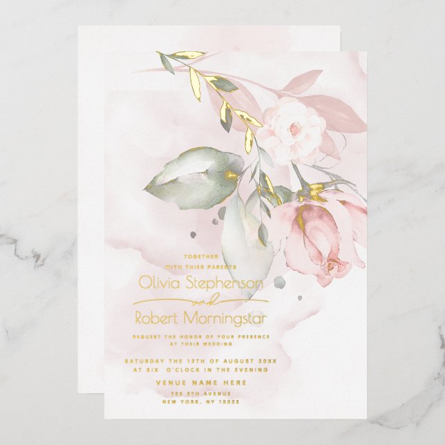 HOCHZEIT | Foil Woodland Blush Pink Rose Folieneinladung (Vorderseite/Rückseite)