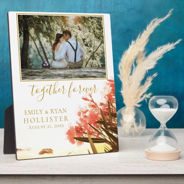Hochzeit Forever Golden Script Oleander Floral Fotoplatte (Seite)
